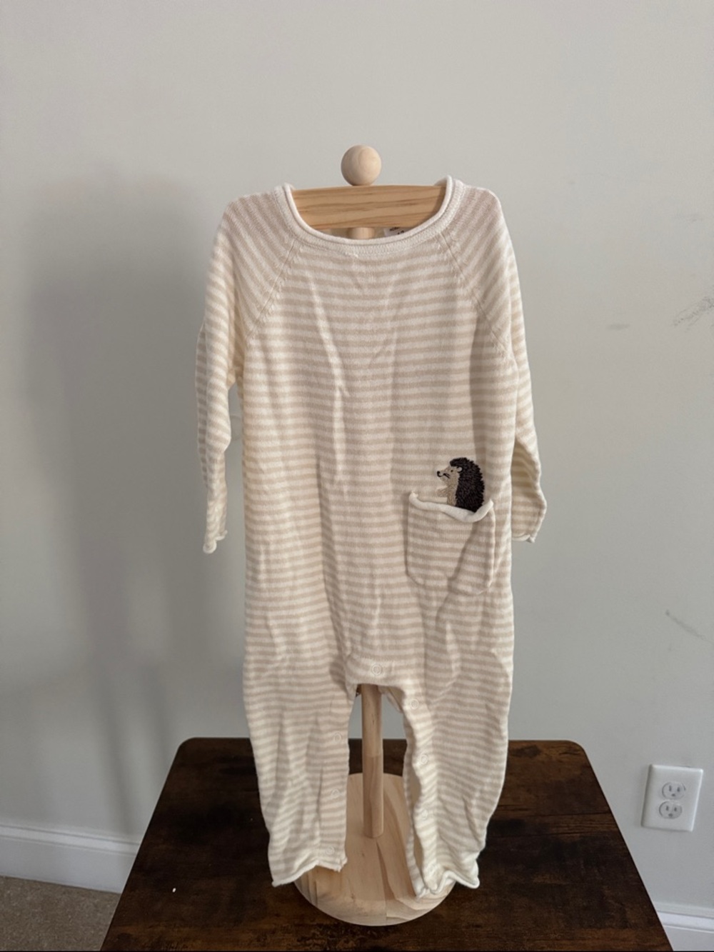 Nordstrom Cream and White Striped Baby One-Piece Bodysuit with Hedgehog Pocket